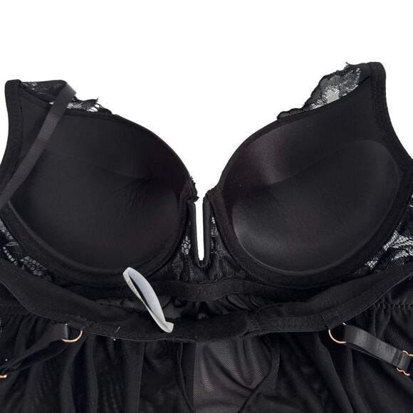 Marilyn Monroe Black Lace Mega Push-Up Sheer Babydoll Lingerie Size M - Picture 8 of 12